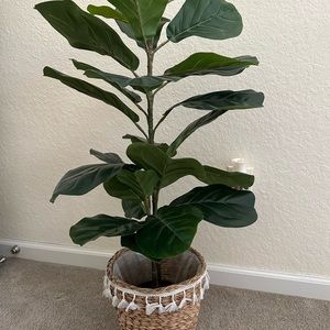 Fiddle leaf faux tree with wicker basket